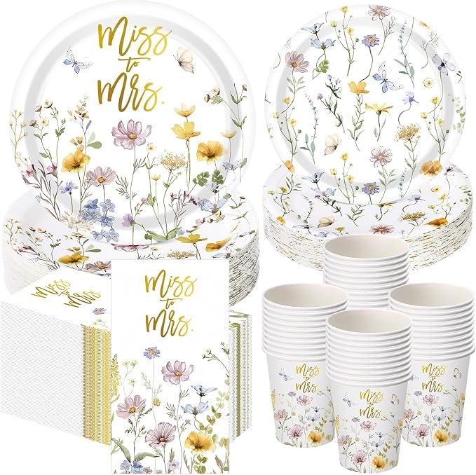 Funnymoom 250 Pcs Miss to Mrs Wildflower Paper Plates Napkins Cups Set | by Funnymoom