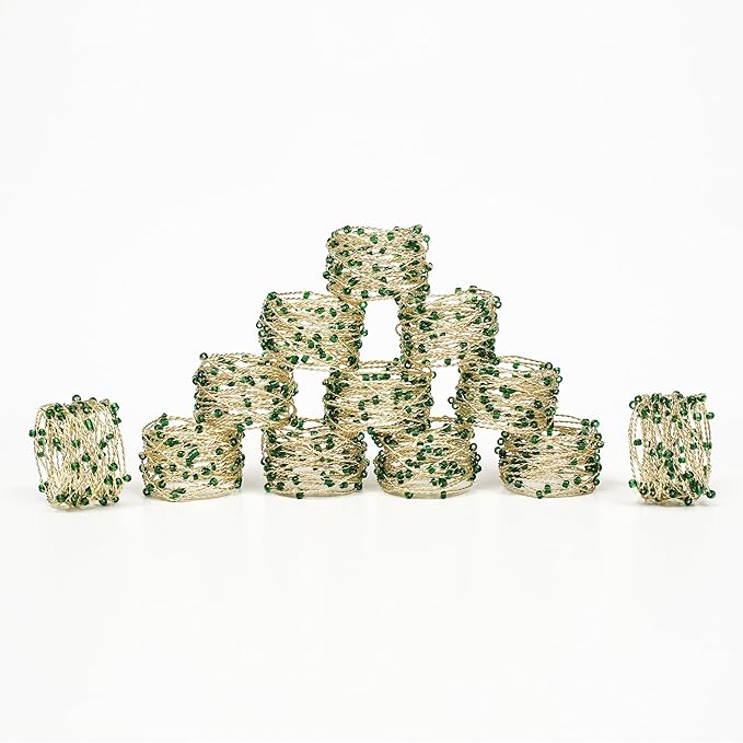 Gold Green Beaded Napkin Ring Set of 12 - Beautiful Fancy Elegant Decorative Napkin Holder for Christmas, Dinner Table Decoration, Farmhouse, Wedding, Party, Family Gathering, New Year & Everyday Use