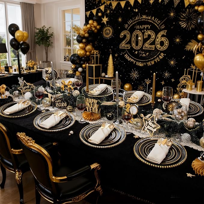 175PCS Black and Gold Plates - Black Disposable Plates for Party - 25Guests Disposable Dinnerware Set for New Year/Wedding
