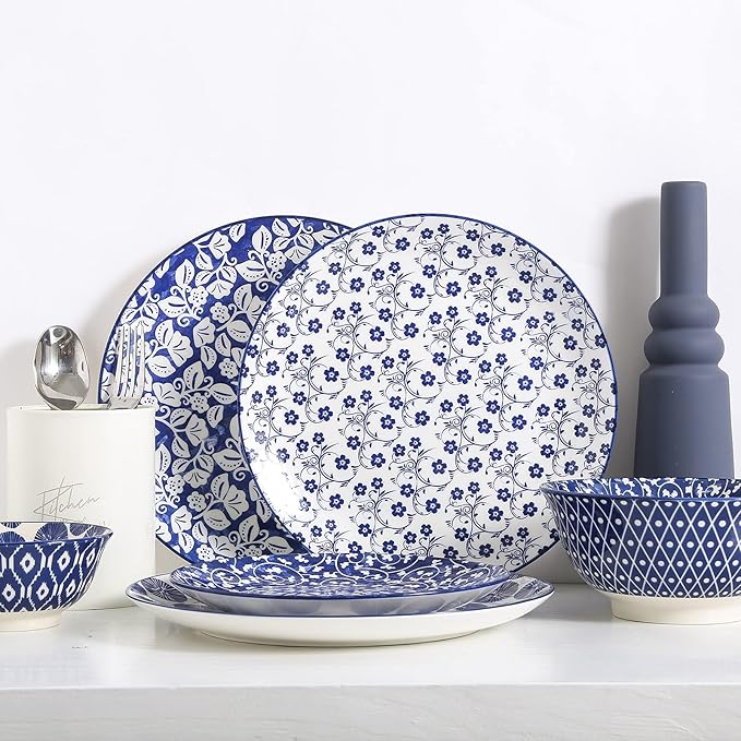 Selamica 8 inch Porcelain Dinner Plates, Large Size Serving Plate for Salad, Pancakes, Steak, Set of 6, Vintage Blue