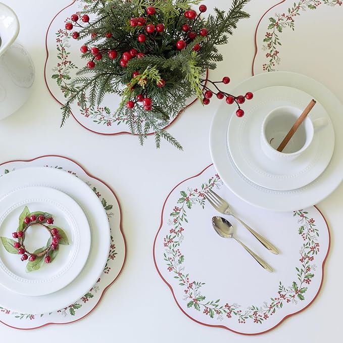 Benson Mills Cork Placemats Set of 4, Thick Cork Place Mats for Kitchen and Dining Tables, Easy Clean Table Mats for Christmas, Winter and Holidays (13.75" Round Set of 4, Holly Wreath)