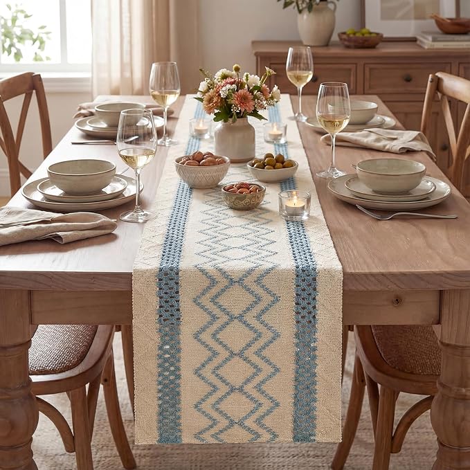 Artoid Mode Sky Blue Stripe Diamond Woven Table Runner 12x72 Inch | Holiday - Image 2