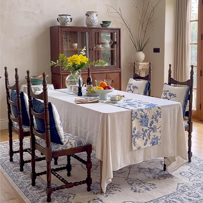 Beige and Blue Table Runner 12x36 Inch | Cotton Polyester Waterproof Seasonal - Image 5