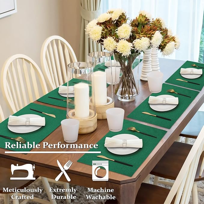Cloth Placemats Set of 6, Cotton Linen Blend Machine Washable Double Layered Place Mats, Heat Resistant Placemats Wrinkle Free Thick Fabric Dining Table Mats for Indoors & Outdoors (Green, 6)