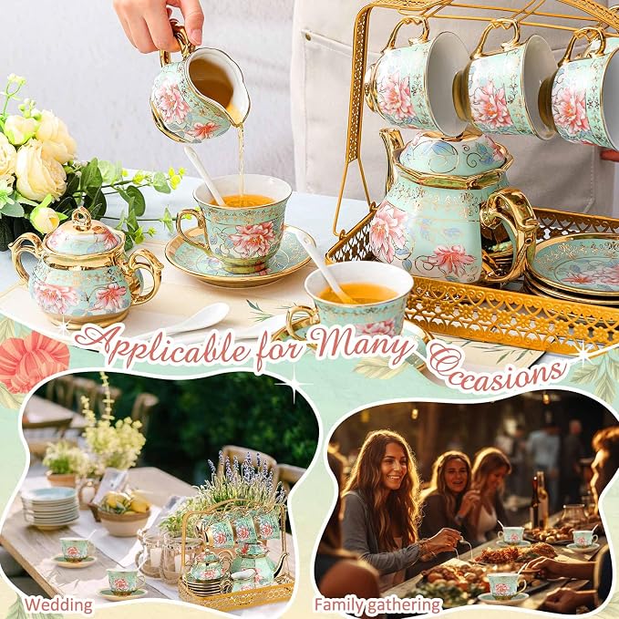 22 Pcs Porcelain Tea Set with Metal Holder, Vintage European Floral Tea Set - Image 4