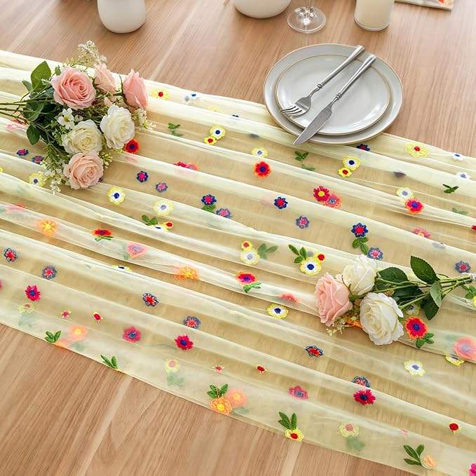 BINBE 1pcs Daisy Spring Table Runner Embroidery Gauze 10FT Florals Seasonal - Image 6
