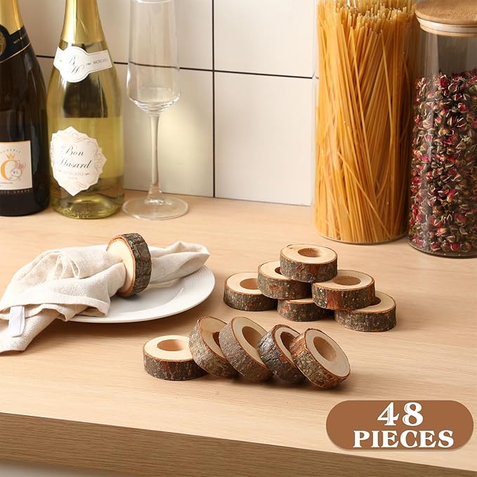 Tessco for you Set of 48 Handmade Wood Napkin Rings, Round Bark Napkin Ring Holders for Dining, Wedding, Birthday, Party, Table Decor, Home and Kitchen Decoration