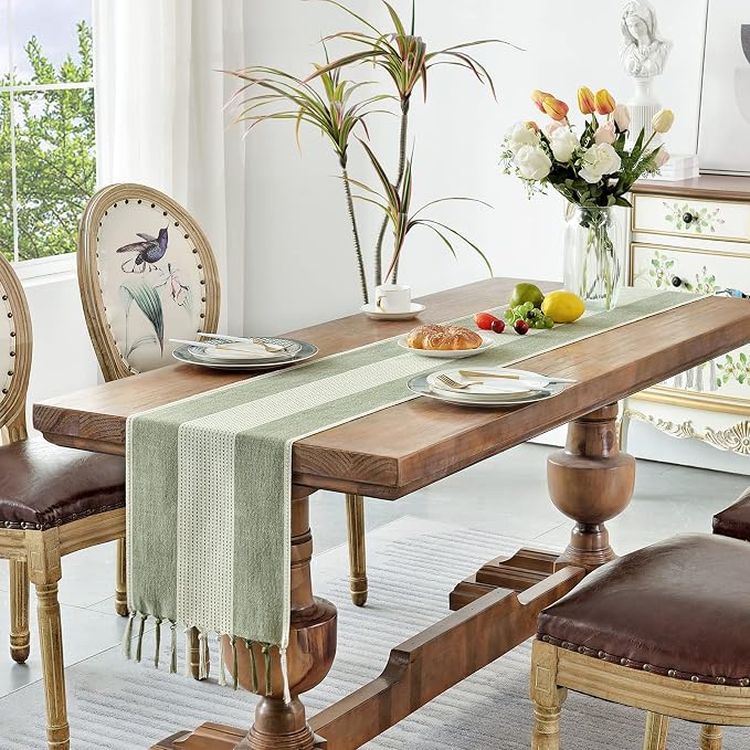 Wracra Linen Table Runner, Stripe Table Runners 36 Inches Sage Green | Delicate - Image 7