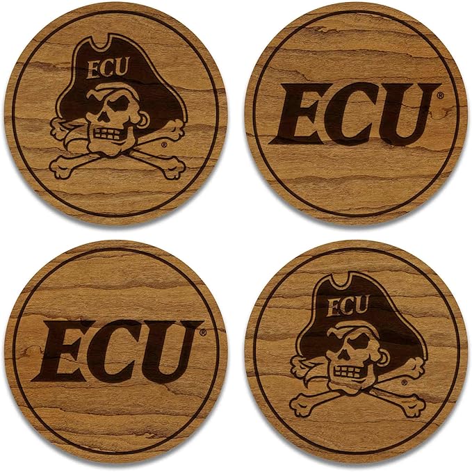 LazerEdge East Carolina Pirates Wooden Coaster Set - Cherry Wood - Officially Licensed Product - 4-Pack