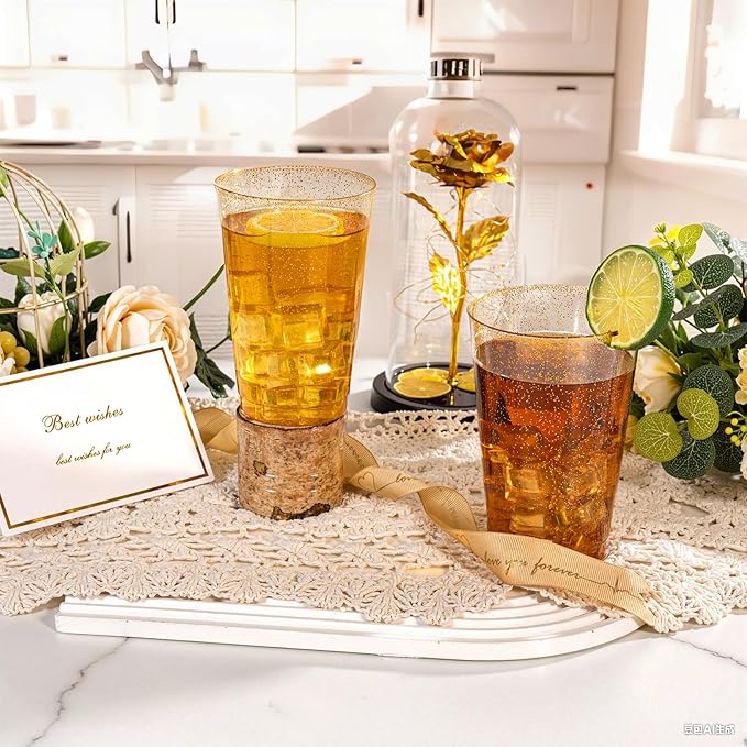 I00000 50 Pack 18 oz Gold Plastic Cups, Gold Glitter Cups Disposable Plastic Wine Glasses Cocktail Glasses Premium Cup, 18 Ounce Glitter Disposable Tumblers for Party & Wedding