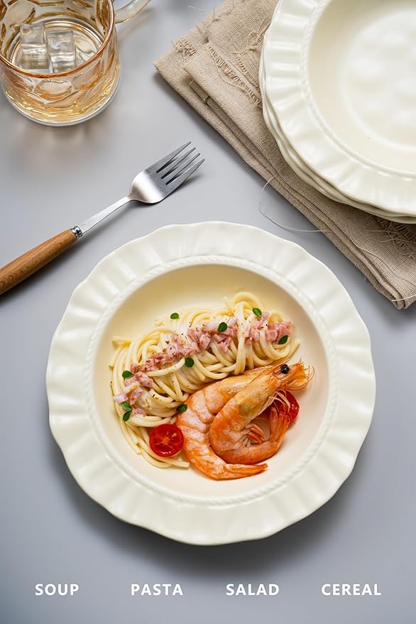 Ceramic Soup Bowls 8.6 in, Pasta Bowls & Plates, Cream color Floral-Embossed Wide Rim Shallow Bowls Set of 2, Italian Carving Design, Matte Finish Porcelain, Microwave & Dishwasher Safe