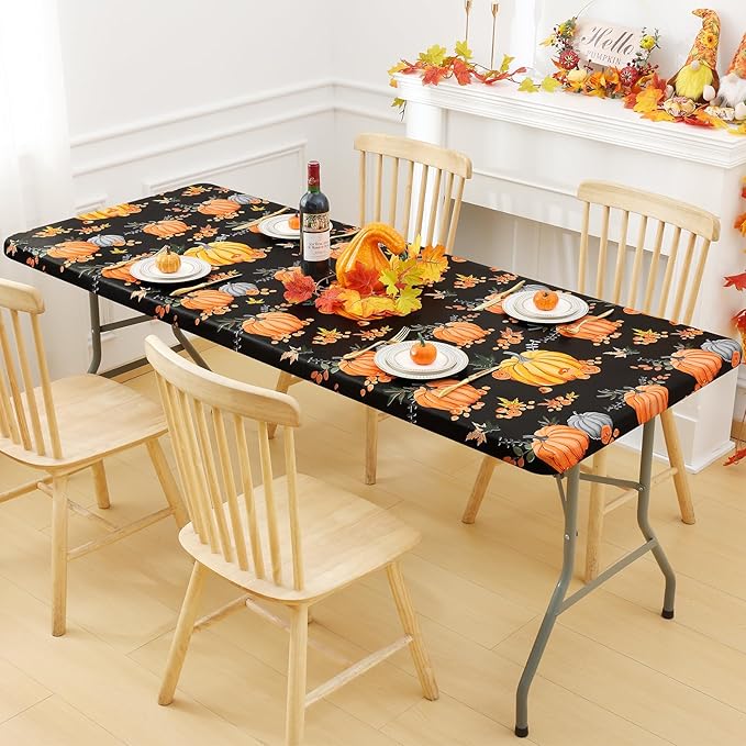 Smiry Plastic Thanksgiving Tablecloth, Pumpkin Waterproof Elastic Fitted Table Covers for 6 Foot Tables, Wipeable Flannel Backed Vinyl Tablecloths for Autumn Harvest, Parties (Black, 30x72 Inches)