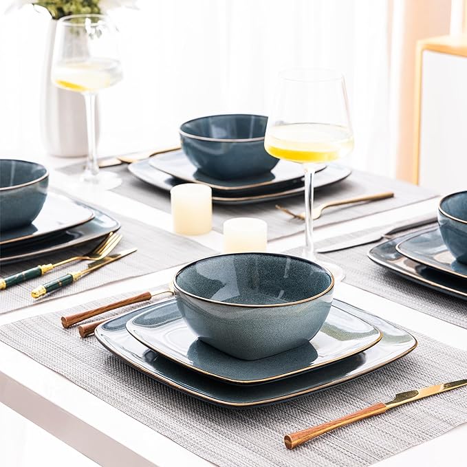 AmorArc Ceramic Dinnerware Sets for 4, 12 Pieces Square Handpainted Plates and Bowls Set, Chip and Scratch Resistant Stoneware Dishes Set, Dishwasher & Microwave Safe, Ocean Blue