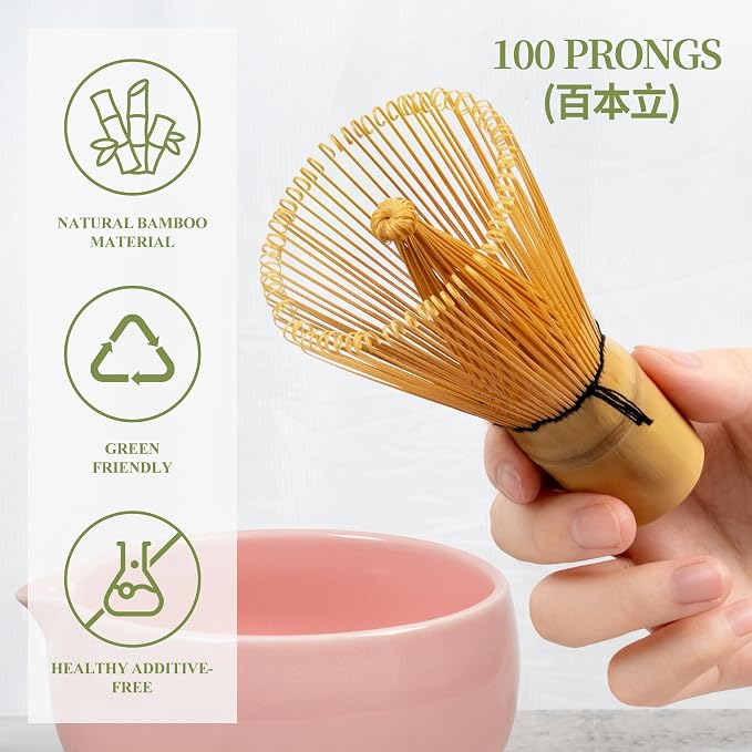 YIBO Matcha Whisk Set Pink, Handcrafted Bamboo Chasen & Ceramic Bowl Matcha Kit - Image 2