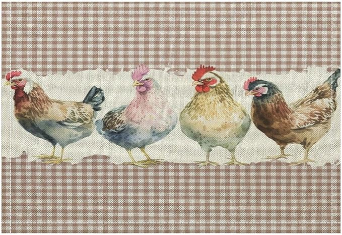 Rustic Rooster Placemat Set, Vintage Boho Farmhouse Colorful Watertcolor Chicken Pink Plaid Pattern Home Decor Table Mats for Dining Room Kitchen Party (17x12in) x4P