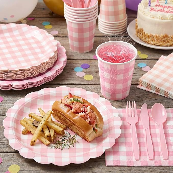 Yaomiao 168 Pcs Pink Gingham Plates and Napkins Pink Princess Party Decor - Image 4