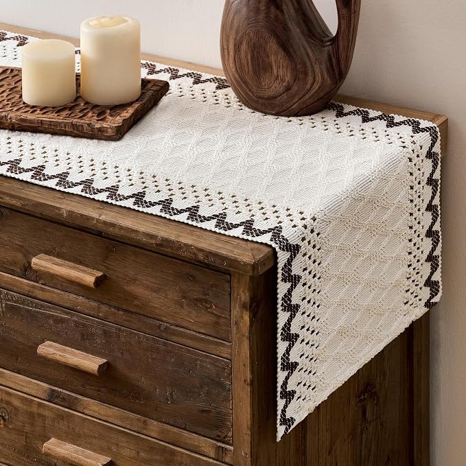 Macrame Side Trim Boho Woven Table Runner, Chocolate 12x60 Inch | Crochet by ZEEMARTONLINE