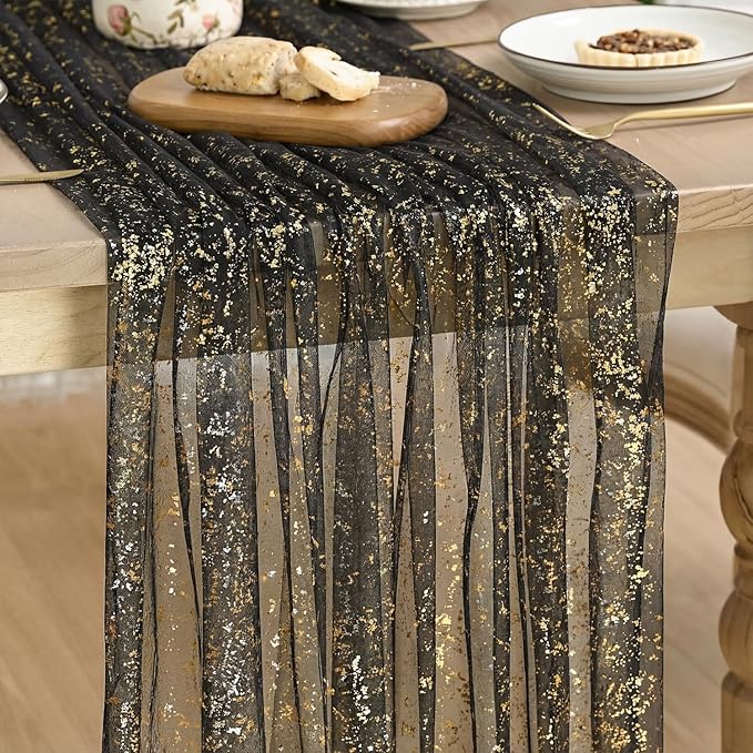 Artoid Mode Black Gold Gauze Table Runner 59x120 Inch 10FT, Glitter Metallic Foil Sheer Dining Wedding Anniversary Holiday Birthday Table Decor for Home Party