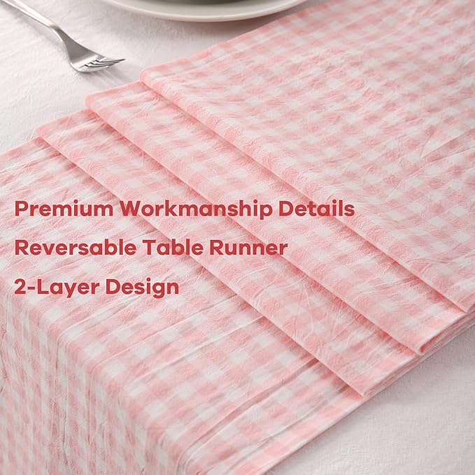 Peachy Blush White Plaid Gingham Ruffle Table Runner 90 inches Long 100% Washed - Image 5