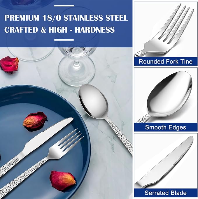 E-far 36-Piece Hammered Silverware Set, Stainless Steel Flatware Set - Image 3