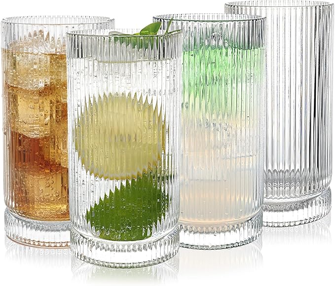 Vintage Ribbed Glassware Set, 16oz Drinking Glasses, Origami Style Set of 4, Fluted Design, Ideal for Water, Iced Coffee, Juice, Beer, Milk, Gift (16oz)