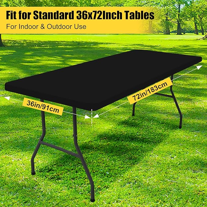 Smiry Rectangle Picnic Table Cloth, Waterproof Elastic Fitted Tablecloths for 6 Foot Tables, Washable Polyester Table Cover for Camping, Indoor and Outdoor (Black, 36"x72")
