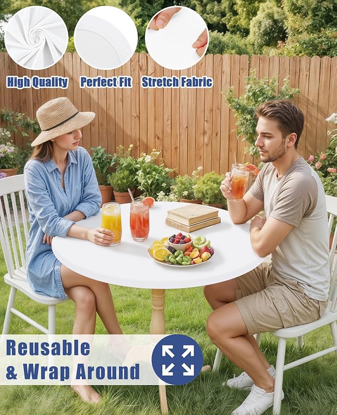 Round Spandex Tablecloth 2 Pack, Elastic Fitted Waterproof Tablecloths for 18"-24" Tables, Stretch Washable Picnic Table Cover for Camping, Dining, Indoor and Outdoor, White