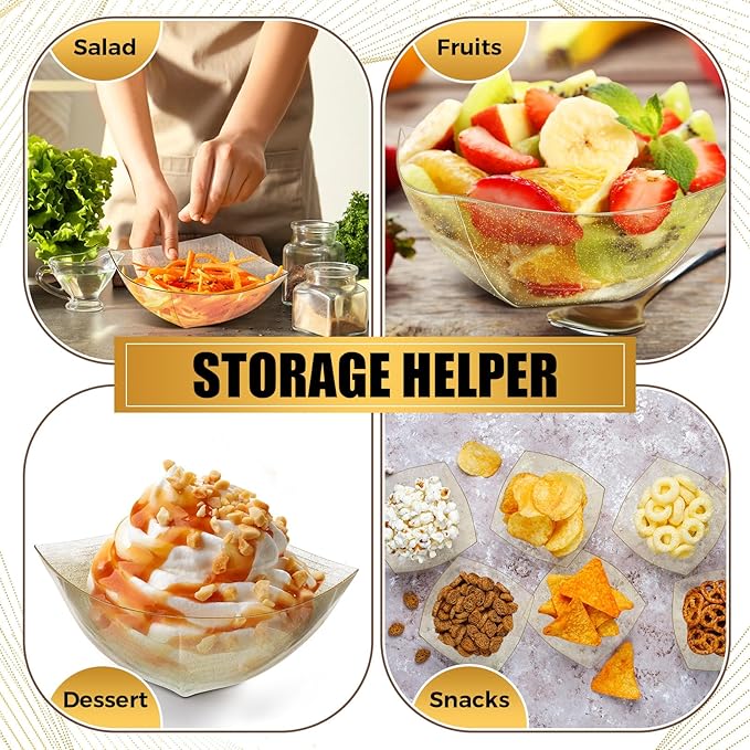 Sliner 100 Pcs Square Plastic Bowls Plastic Serving Bowls Disposable Chip Containers for Parties Snack Fruit Candy Containers for Candy Buffet Salad Bar Buffet Party Supplies(Gold Glitter,16 oz)
