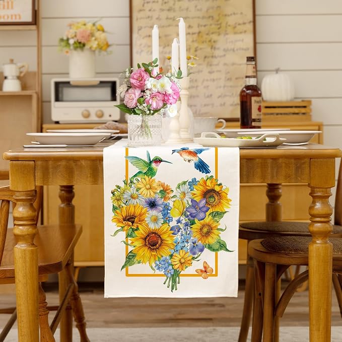 Summer Sunflowers Daisies Table Runner Birds Burlap Table Runners, Vibrant - Image 3