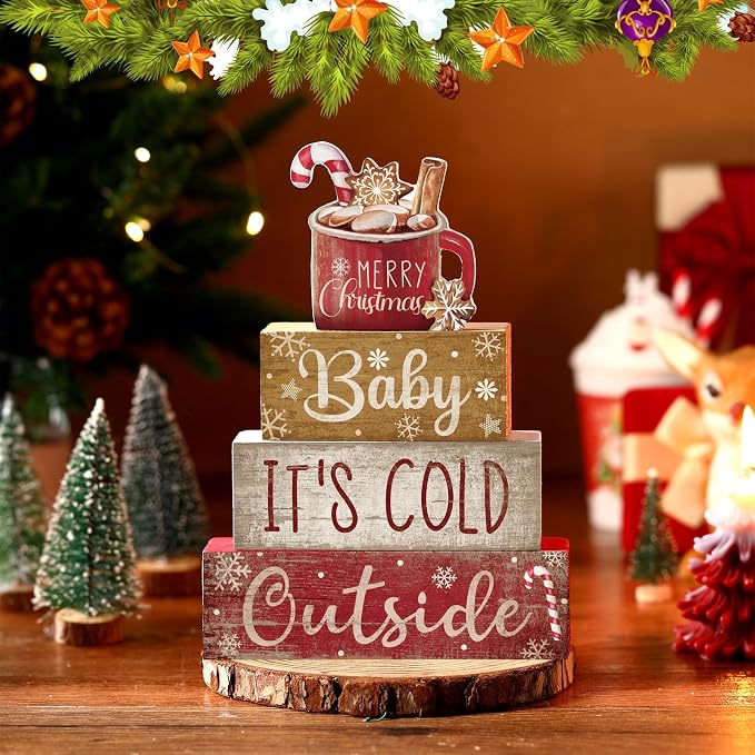 Moucuny 4 Pcs Christmas Table Decor Wooden Hot Cocoa Decoration Christmas - Image 3