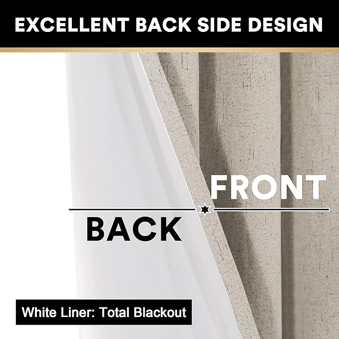 PrinceDeco Linen Texture Curtains 100% Blackout Curtains 64 inch Long 2 Panels Set Noise Reducing Window Treatment Drapes for Nursery Bedroom Thermal Insulated with White Liner,42 X 64 In, Cobblestone