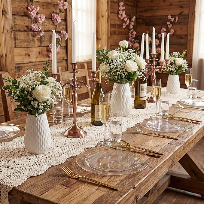 I00000 Clear Plastic Plates with Gold Rim,Fancy Clear Disposable Plates,Nice Disposable Plates Set include 30 Dinner Plate,30 Dessert Plate, 90 plastic Silverware Set for Valentine's Day