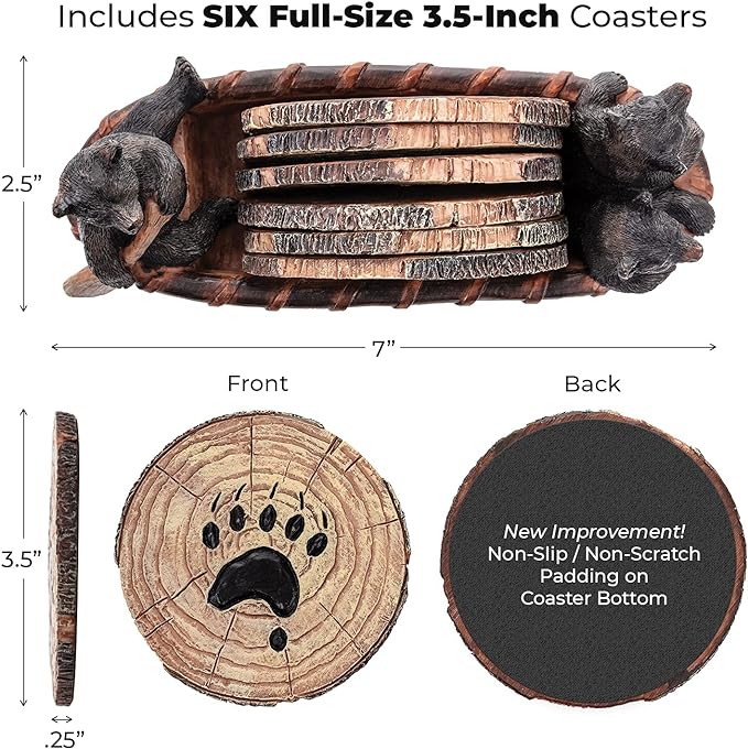Bear Coasters Set of 6 Full Size Rustic Coasters in Handmade Canoe with Adorable Black Bear Figurines | Black Bear Log Cabin Decorations, Rustic Lodge Decor for The Home