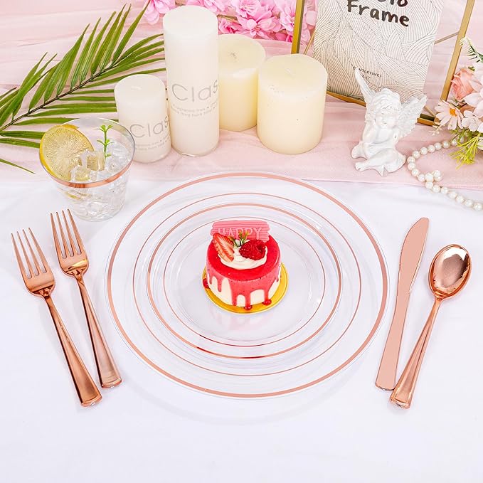 bUCLA 300PCS Rose Gold Plastic Dinnerware - Clear Dinnerware Set Disposable Include 50 Dinner Plates,50 Dessert Plates,50 Knives,50 Forks,50 Spoons,50 Cups for Party, Wedding & Valentines Day