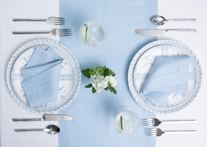 Solino Home 100% Pure Linen Table Runner Sky Blue Hemstitch, 14 x 48 in | - Image 4