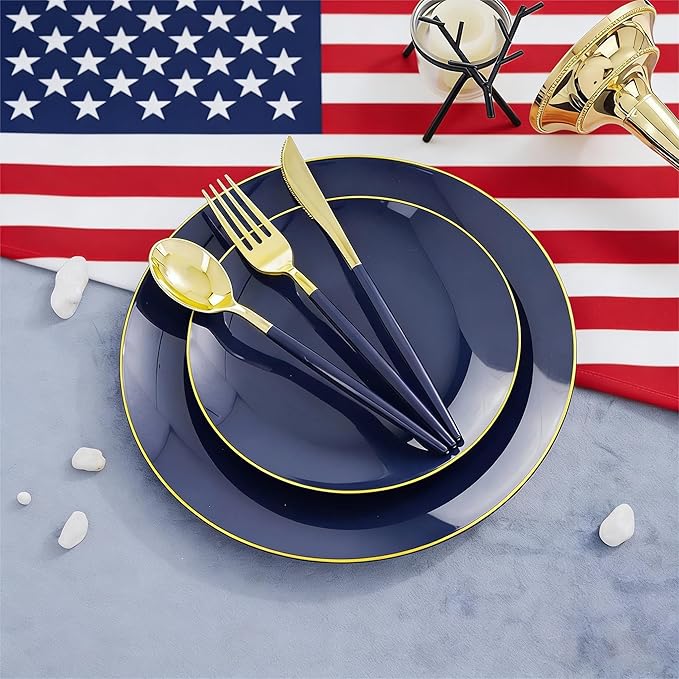 Liacere 150PCS Blue Plastic Plates - Gold Plastic Silverware with Blue Handle - Navy Disposable Plates Include 30 Guests Plates,Forks,Spoons,Knives for Hanukkah & New Year & Washington's Birthday