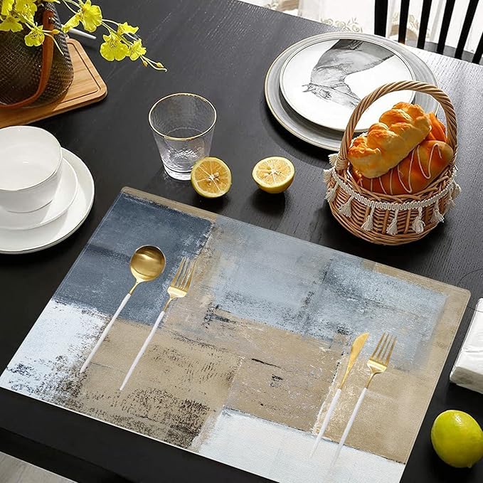 Grey Brown Placemats Set of 4 Modern Place Mats Indoor Abstract Art Table Mat Washable Linen Waterproof Heat Resistant Placemats for Dining Tables, 18 X 12 Inch