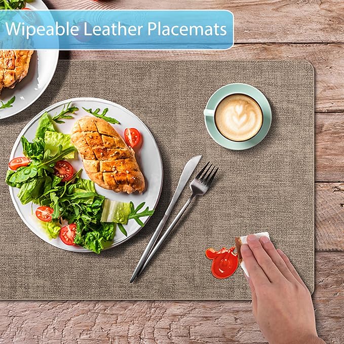 Placemats Set of 12 Washable, Heat Resistant Table Placemats Wipeable Faux Leather Place Mats Non Slip, Waterproof Square Table Mats for Indoor Outdoor, Apricot