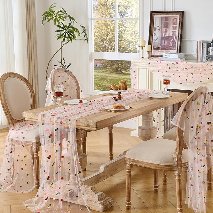 BINBE 6pcs Pink Daisy Spring Table Runner Embroidery Gauze 10FT Florals - Image 6