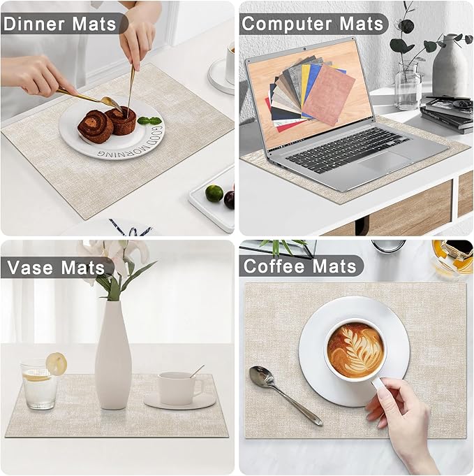 Homaxy Faux Leather Heat Resistant Placemats for Dining Table Set of 12, Waterproof Wipeable Washable PU Table Mats, Easy to Clean Anti-Slip Place Mats, 11.8" x 17", Beige