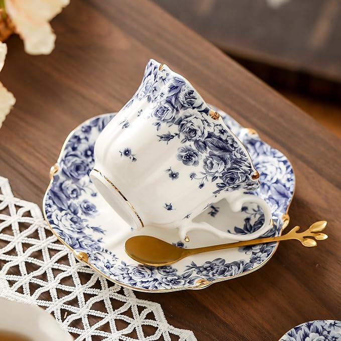 TATSUMI Country Roses Bone China Tea Cup and Saucer Set, 6 Pieces, Vintage Style - Image 8