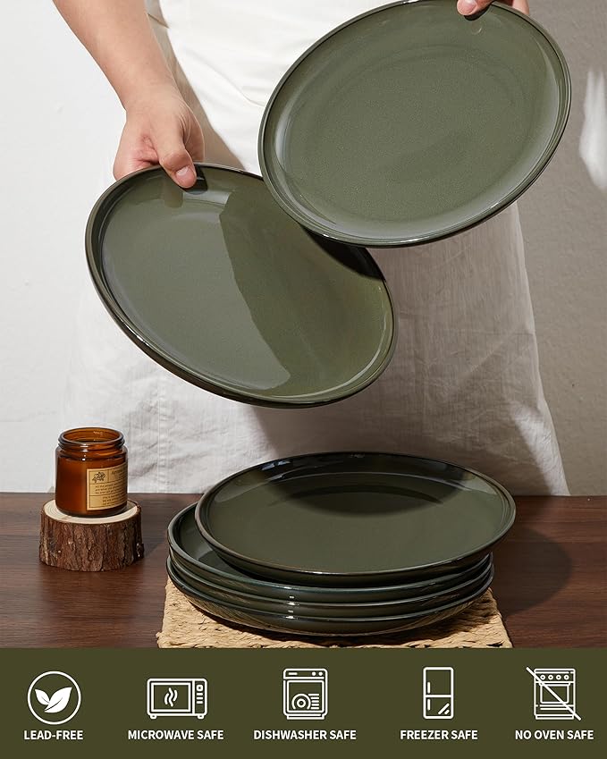 Ceramic Plate Set 10 Inch, Terracotta Dinner Plates of 6, Microwave Safe Plate, Large Serving Plates for for Salad Pasta Steak, Blackish Green