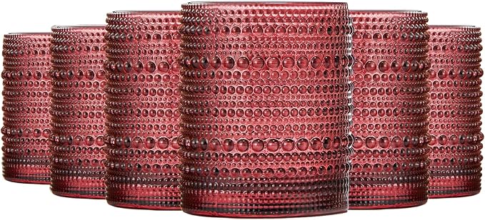 Khen Ruby Red Hobnail Drinking Tumbler | Set of 6 | 11 OZ Bubble Design Vintage by Khen