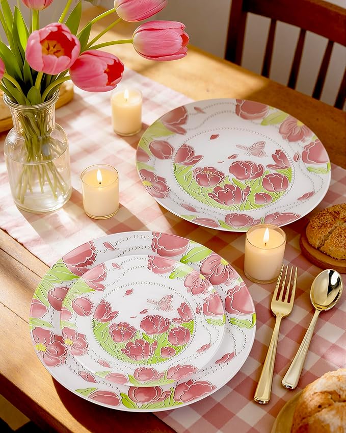 Hioasis 60pcs Plastic Disposable Plates Set - Pink Tulip & Butterfly Pattern with Pearl Trim, 10.25 Dinner & 7.5 Dessert Plates for Wedding,Anniversary,Party and Holiday