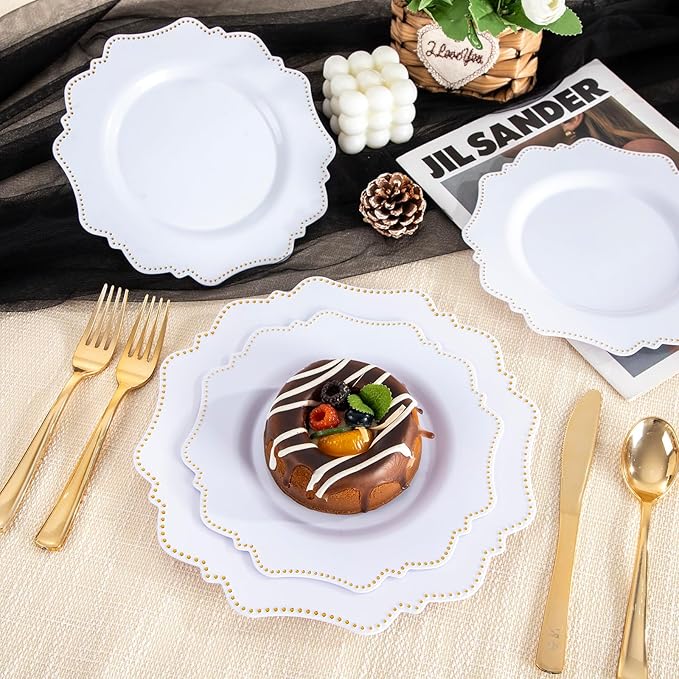 COLOSUS 60pcs Disposable Plastic Plates Set, Gold White Party Plates, 30pcs Dinner Plates and 30pcs Salad/Dessert Plates for Wedding, Party, Anniversary, Daily Use,New Year