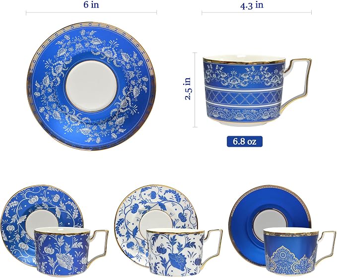 ACMLIFE Bone China Tea Cups and Saucers Set of 4, 6.8 oz Blue and White Tea - Image 6