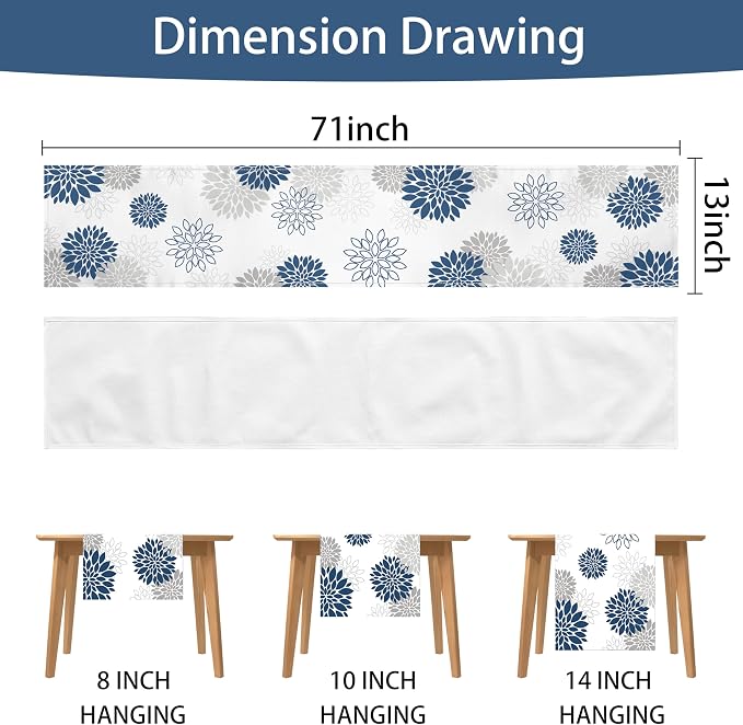 Dahlia Flower Table Runner 13x71 Inch Farmhouse Blue Gray Runners Modern Table - Image 7