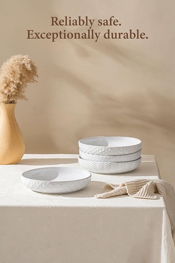 Embossed Ceramic Pasta Bowls Set of 4 – Medium 7.5-Inch, 26oz Serving Bowls for Pasta, Salad, Fruit – Stackable, Microwave & Dishwasher Safe – Great Gift for Housewarming or Everyday Use
