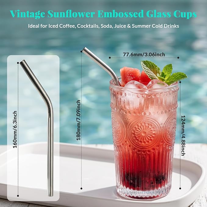 CycleMore 12Pc SunFlower Drinking Glasses, 15oz + 12oz + 4oz Clear Cup | Bar - Image 4