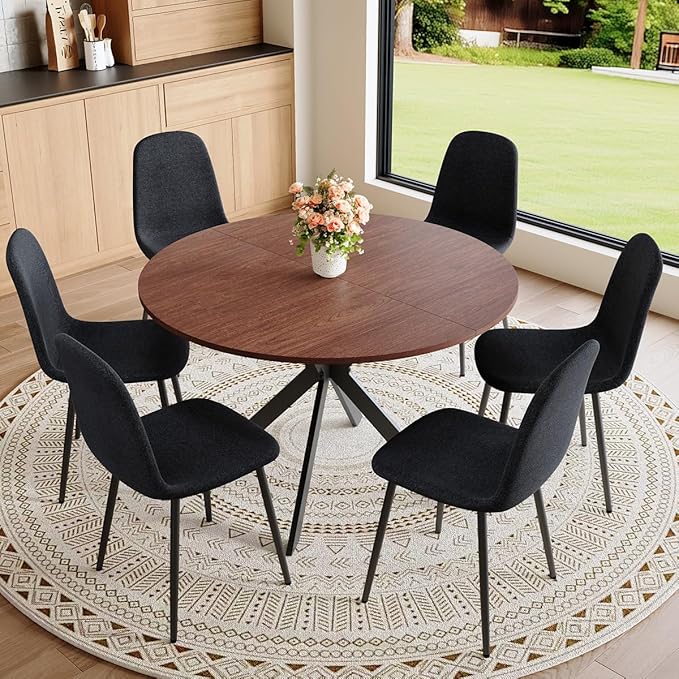 Round Dining Table Set for 6｜42"-54" Extendable Dining Room Table Set｜Wooden Kitchen Table with 6 Chairs｜Mid Century Modern Dinner Table Set with Cross Legs｜Easy Assembly｜Space Saving